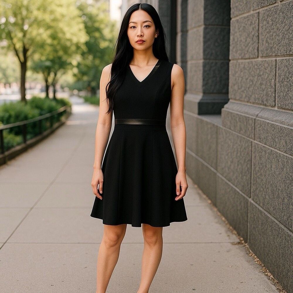 Calvin Klein Fit‎ and Flare Dress Womens 8 Black Faux Leather Trim V-Neck Career